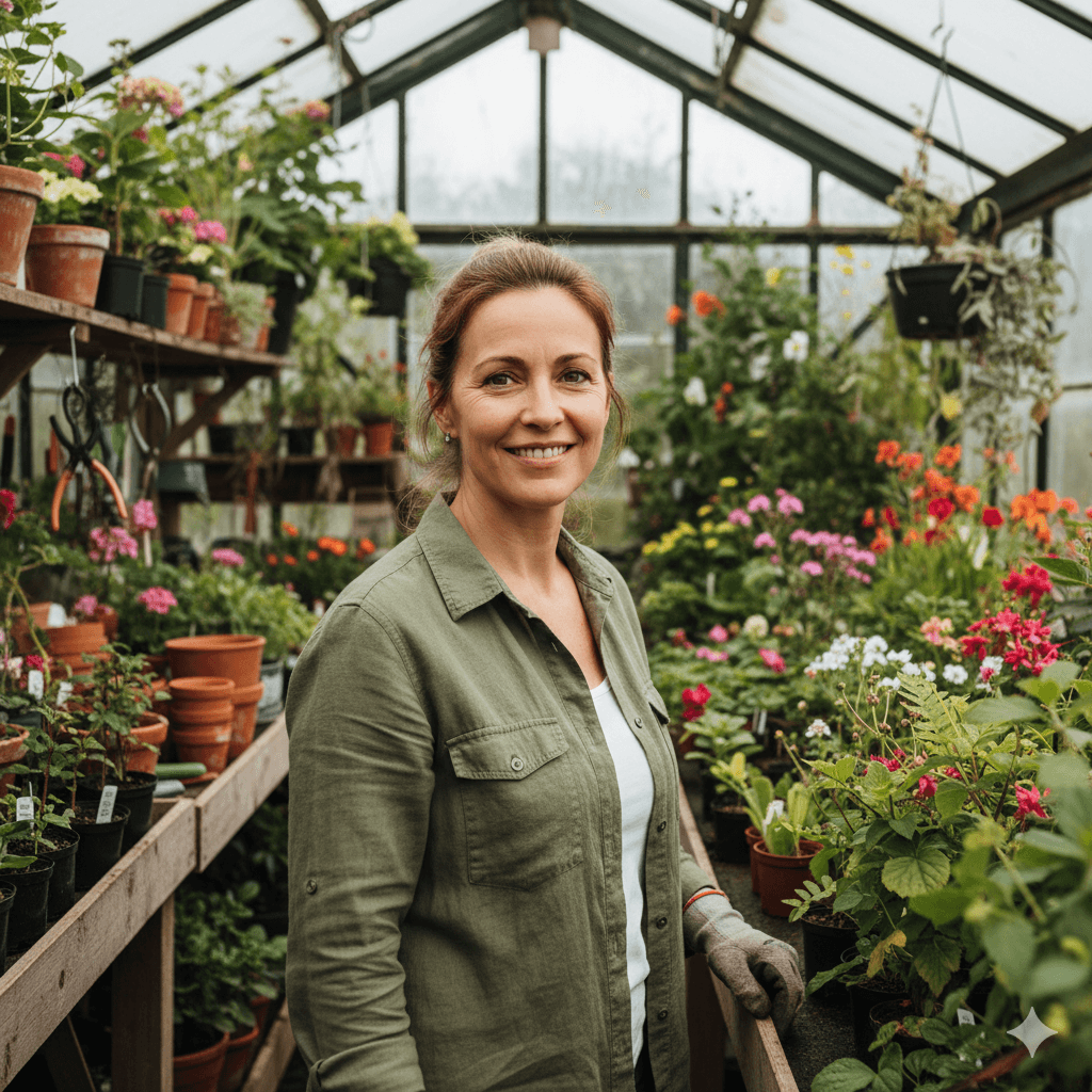Helena Viana, founder of Versia Garden, in greenhouse