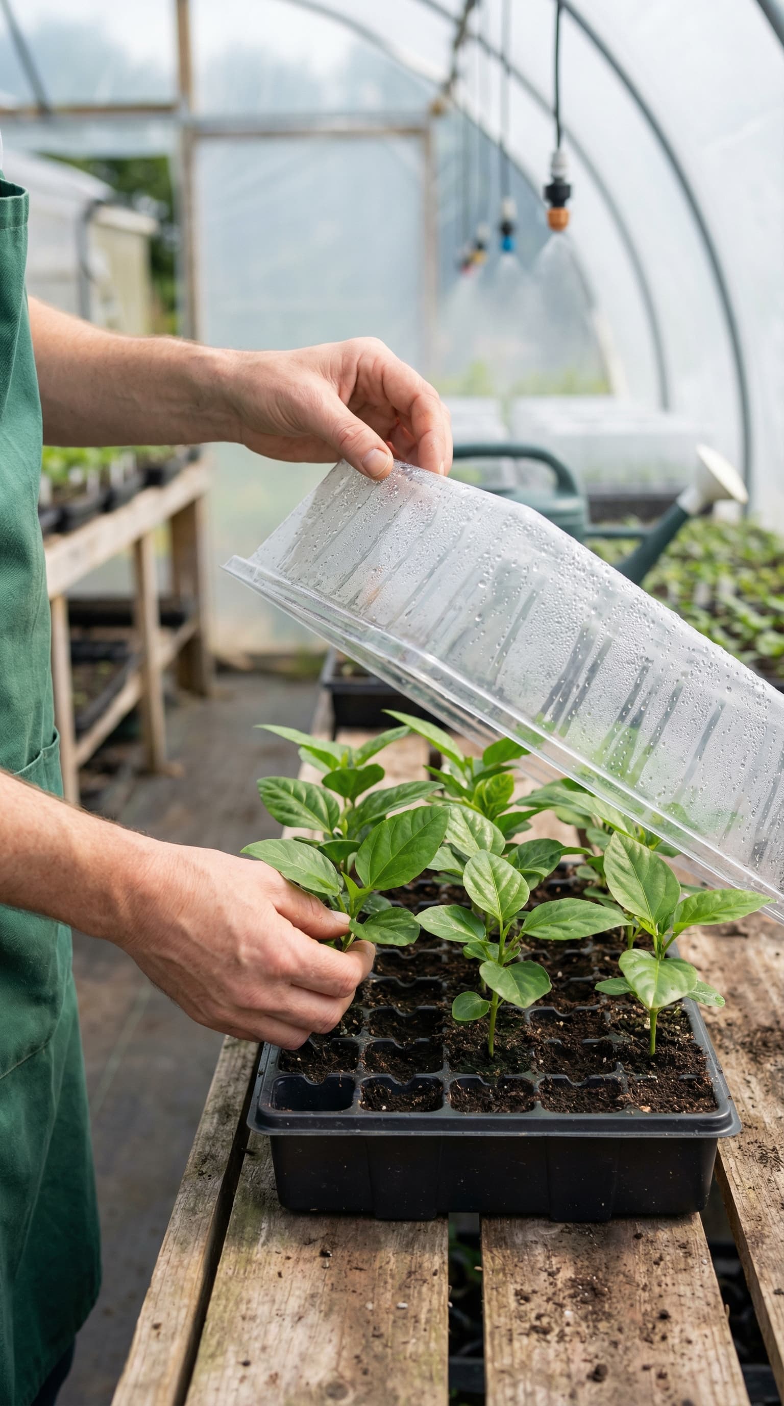 Germination tray with seedlings and hand opening lid